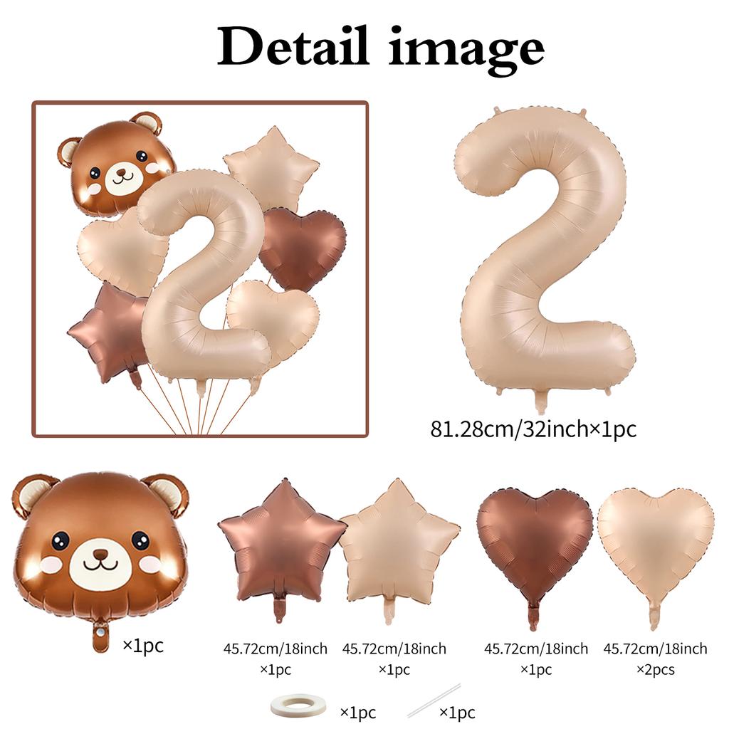 7pcs Cute Bear Balloon Set with 32 Inch Caramel Digital Aluminum Foil Balloon for Birthday Party Decoration Baby Shower Supplies