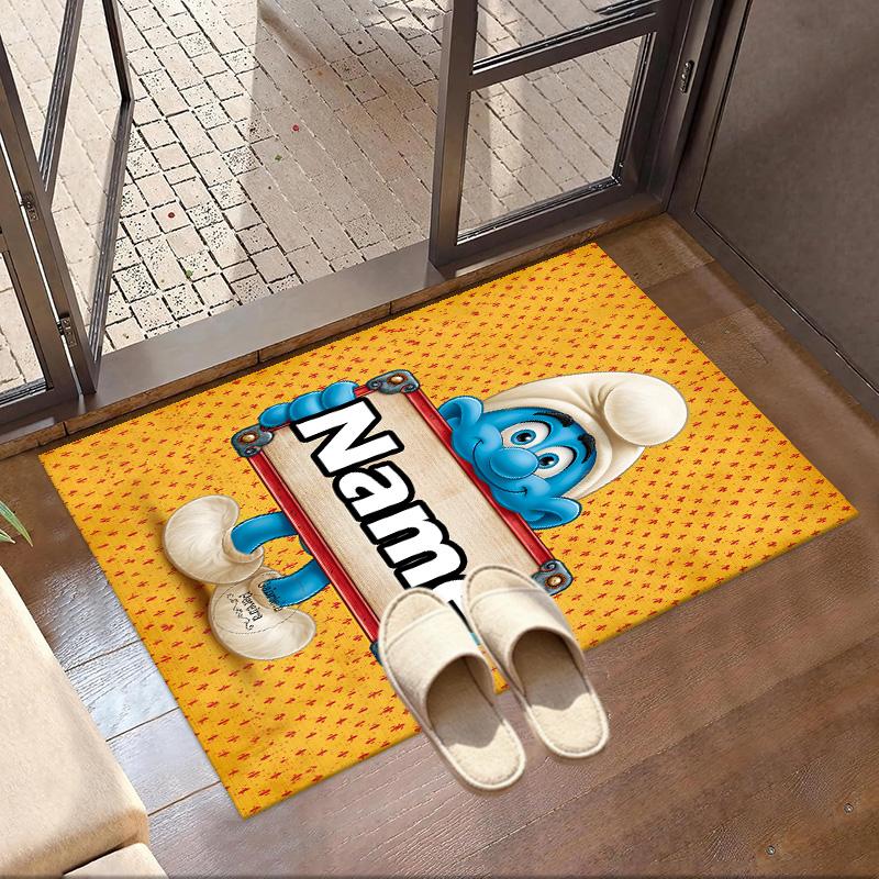 Custom Name Personalized Blue Smurfs Print Carpet, Versatile Home Decor Rug, for Playroom, Apartment, Balcony, Entryway, Hallway Gift