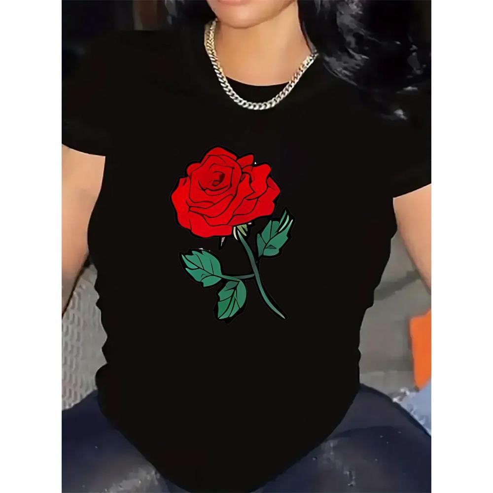 

Lightweight and Durable Short-Sleeve T-Shirt Featuring Red Rose Design Ideal for Outings in Restaurants or At Home S
