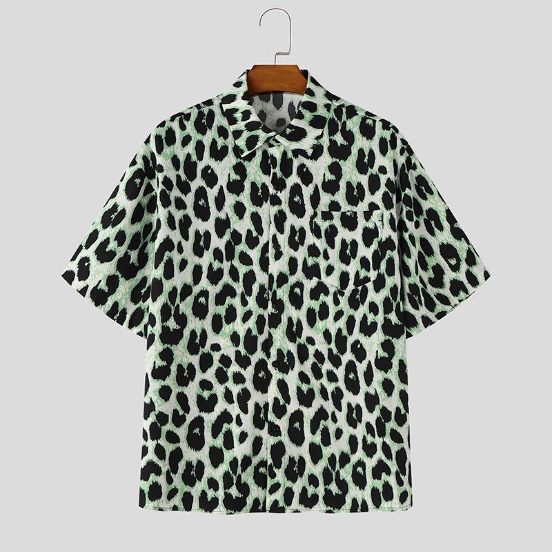 INCERUN Oversized Men's Short Sleeve Lapel Collar Button Up Leopard Print Shirts Tops
