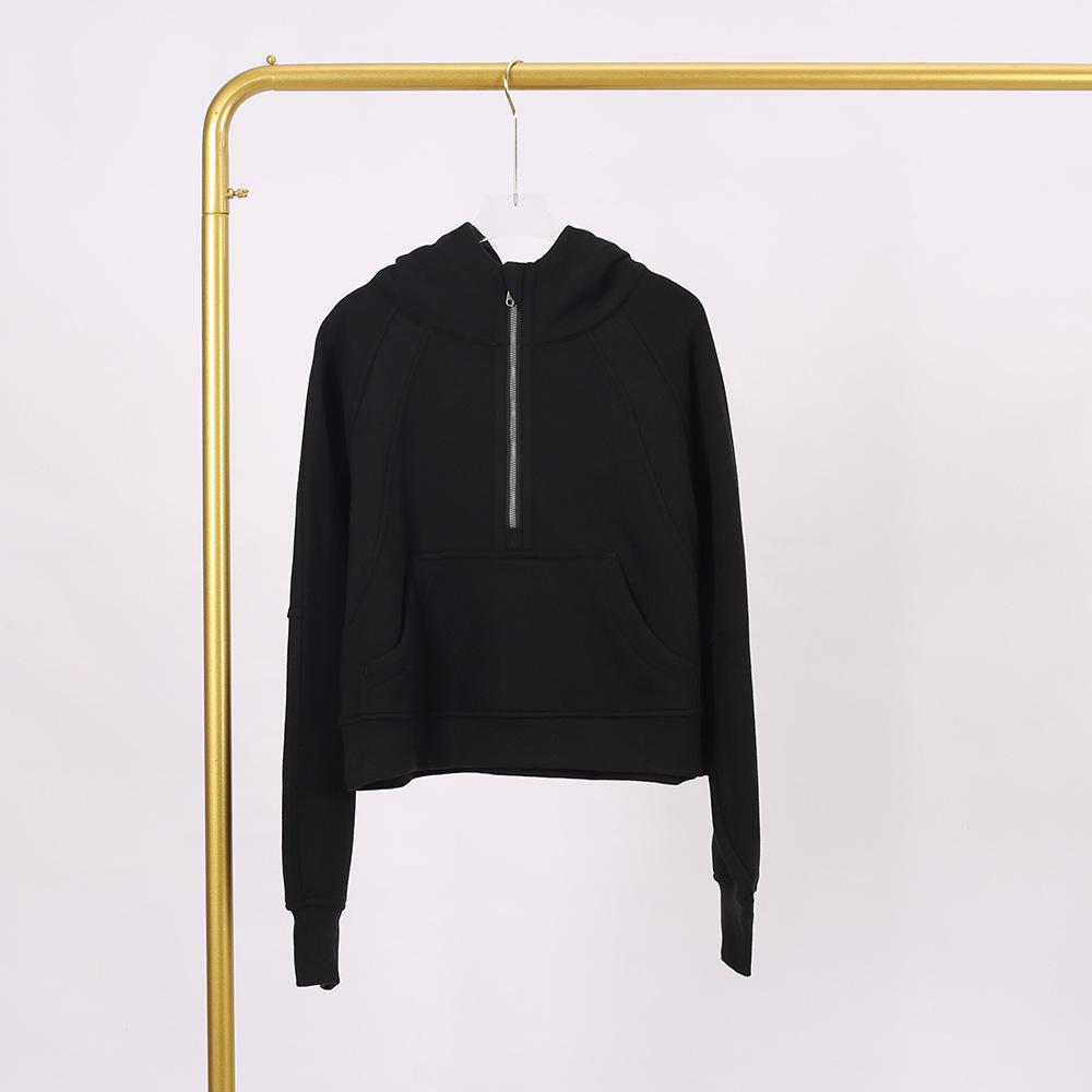 LULU Women's Hooded Half-Zip Terry Cloth Sweatshirt with Gold Logo & Zipper, Plus Velvet Yoga Wear