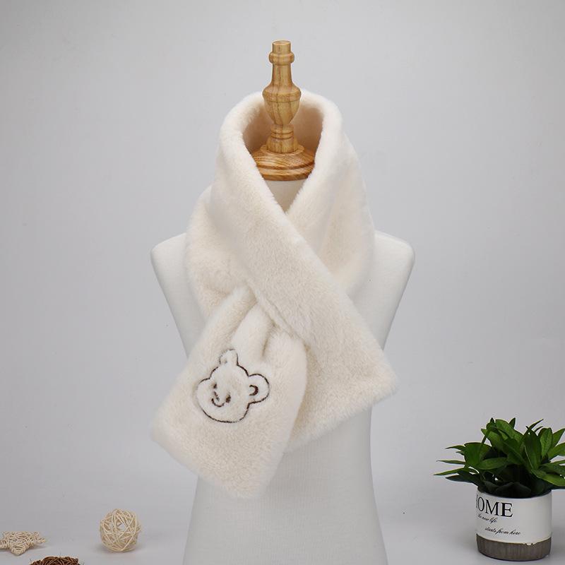 WhyBear Korean-Style Embroidered Plush Scarf for Girls - Winter Warm White Scarf with Bear Design