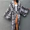 Women Black And White Print Kimono Robe High Waist Side Slit Beach Cover Up Long Sleeve Cardigan