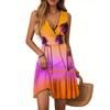 Women's Summer Dress V Neck Sleeveless Casual Hawaiian Print Hem Pleated Dress