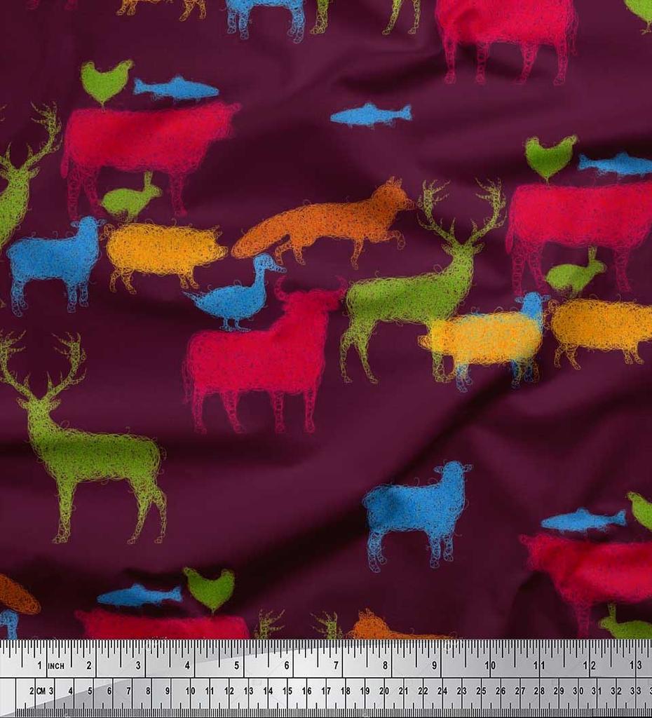 Soimoi Japan Crepe Satin Fabric Birds & Animals Hand Drawn Print Fabric by Metre 42 Inch