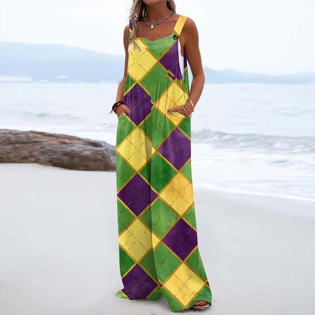 Wide Leg Overalls For Women Casual Loose Sleeveless Print Button Long Pant Romper Jumpsuit With Pockets