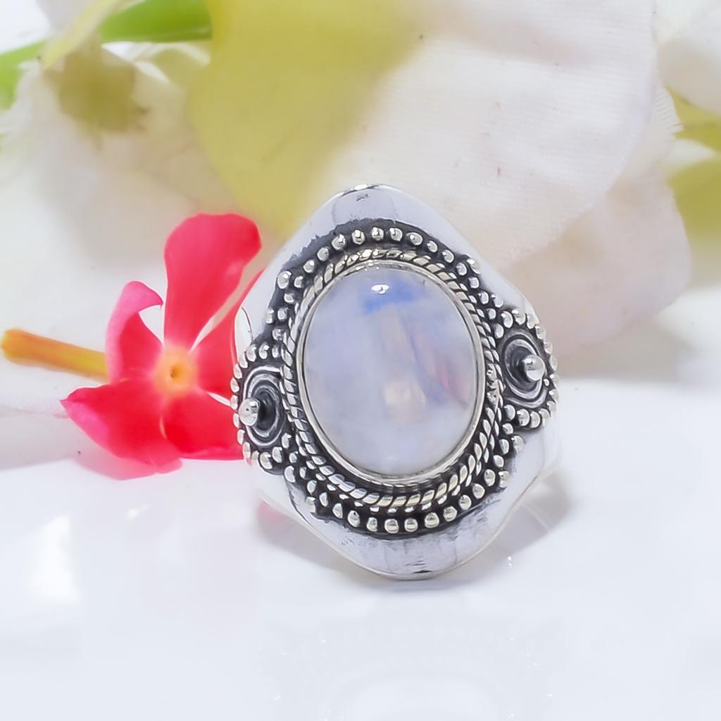 Rainbow Moonstone - India Gemstone 925 Sterling Silver Ring V8545, White Ring, Oval Ring, Valentin's Day Gift, Gift For Her, Birthday Gift, Handmade J