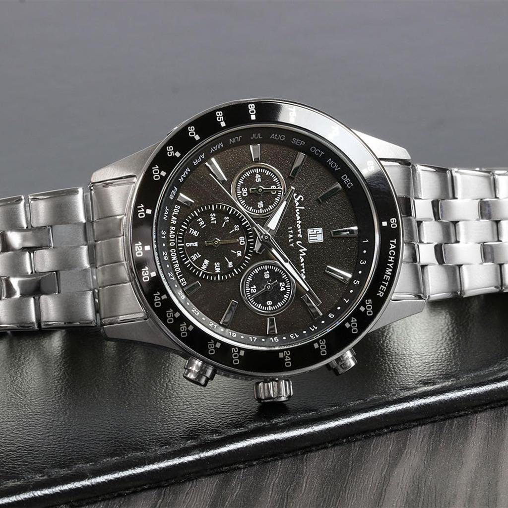 Salvatore Marra Montre Solaire Radiocommandée Homme Edition Limitée Chronographe Noir et Marque Italienne, Argent, SM14117-SSBKSV,