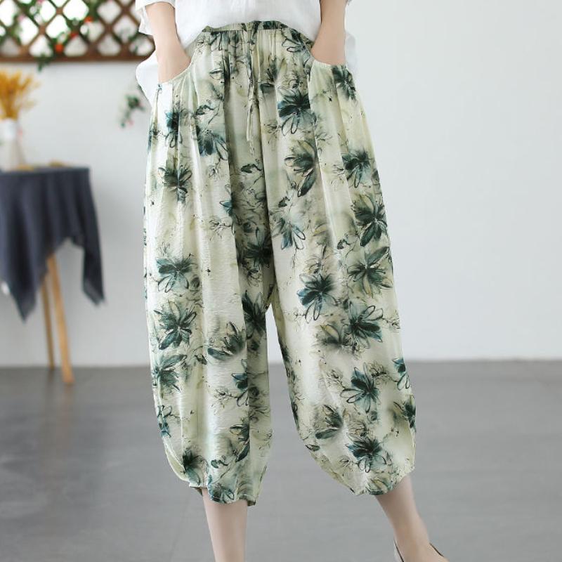 Women's Retro Loose Printed Thin Harem Pants Cotton-Linen Casual Seven-Point Trousers
