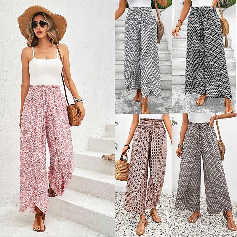 

2025 Versatile Floral Side Slit Wide Leg Skirt Pants Pink L