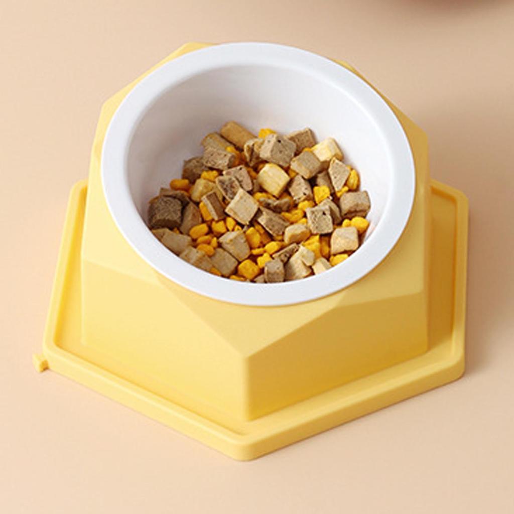 Raised Cats Bowl Plastic Tilted Elevated Spill Proof Hexagonal Pet Food Bowl for Home Yellow