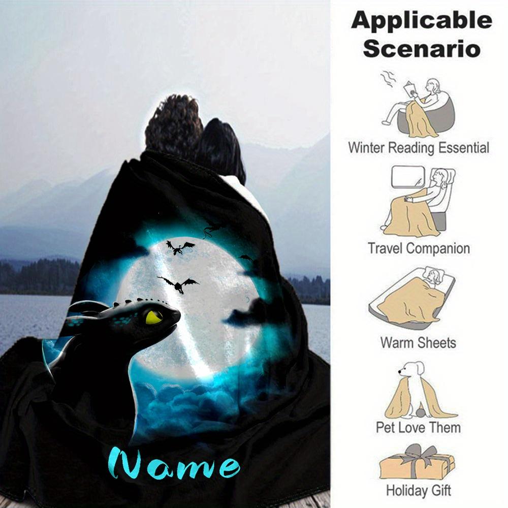 Toothless Dragon Full Moon Night Scene Flannel Blanket With Customizable Name Comfortable In All Seasons Suitable For Sofas Beds Travel Camping And