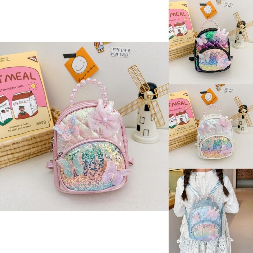 Kids Fashionable Sequin Backpack With Lace Bow And Butterfly Decor For School And Travel