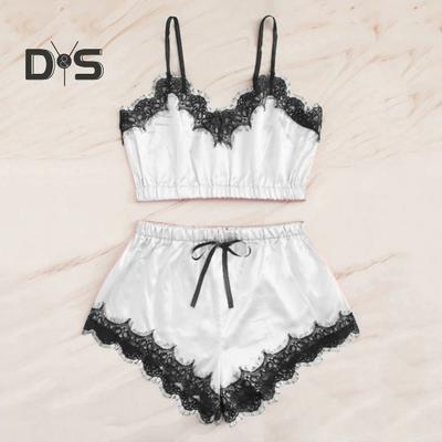 Ensemble pyjama 2 pièces pour femme, haut court à col en V et bordure en dentelle, short à taille élastique, ensemble décontracté sans manches, vêtements de nuit