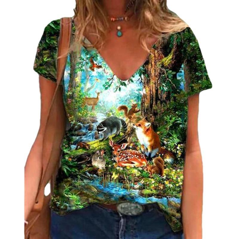 Trendy Women's Casual T-shirt Top V-neck Loose Short Sleeved Top Digital Printed 3D T-shirt