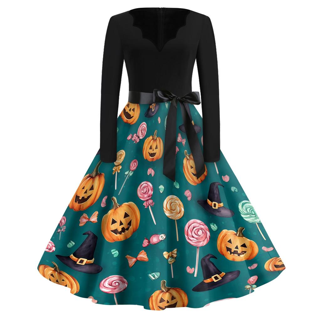 Women's Casual Vintage V Neck Dress with Halloween Print Long Sleeve Fit and Flare Knee Length Dress with Waist Tie Belt