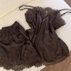 Fată spice vânt dorință pură decolteu în V bretele mătase de gheață pijamale vară noi pentru femei șort din dantelă set de loungewear Maillard