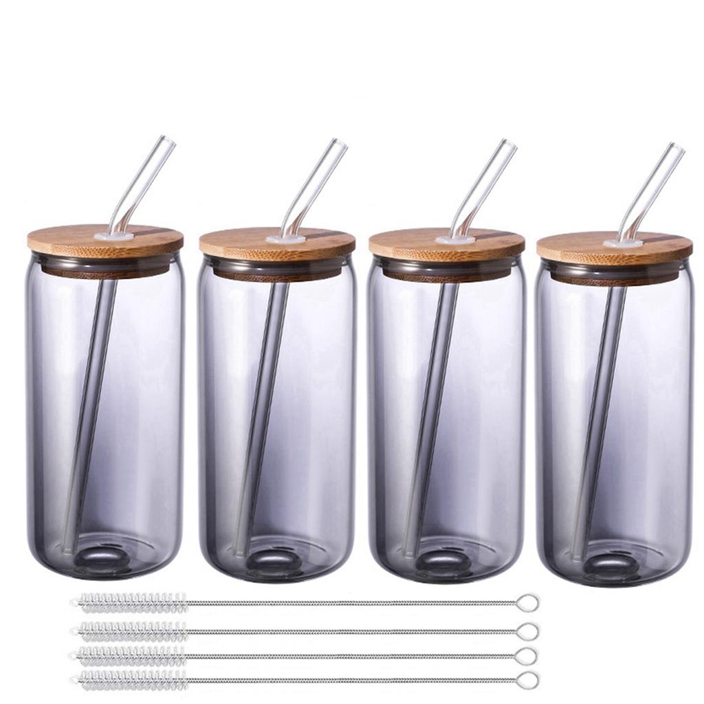 4-teiliges Set aus Glas, Cola-Bechern, Gläsern mit Bambusdeckel und Strohhalmen, wiederverwendbares Trinkglas, Becher, Bierdosen, Gläser für Kaffee, Milch