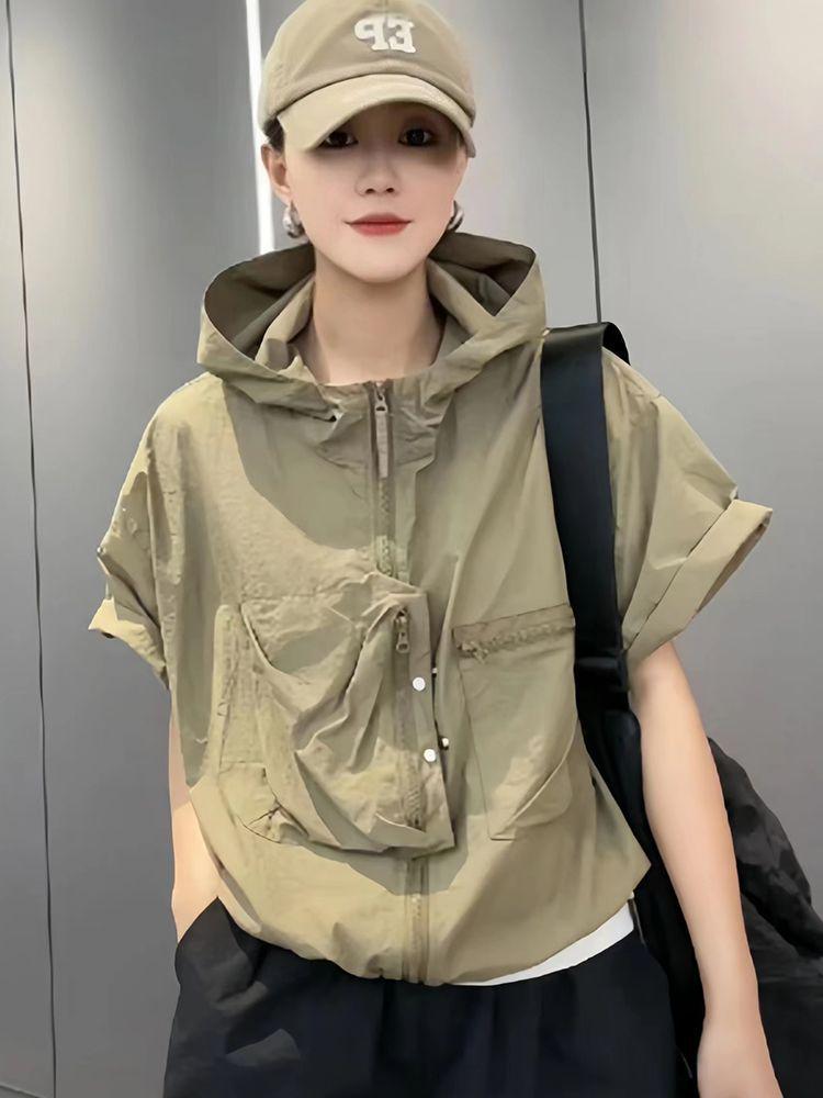 

Весенняя легкая куртка-ветровка с капюшоном и короткими рукавами на 2025 год XL армия зеленый