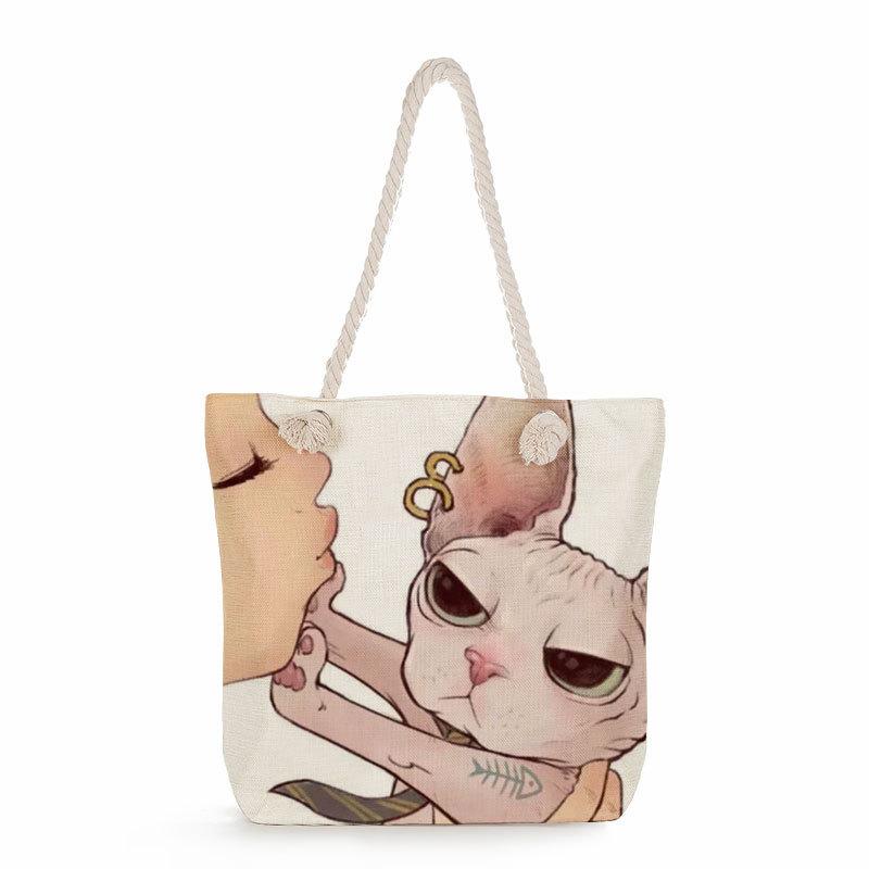 Multifunctional Cute cat Printed Thick Rope Shoulder Beach Bag 7584