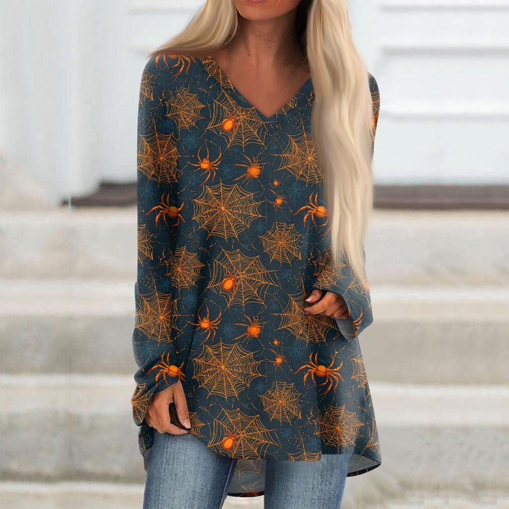 Ladies' Fashionable And Casual Halloween Printed T-shirt Long Sleeved V-neck Mid Length Top