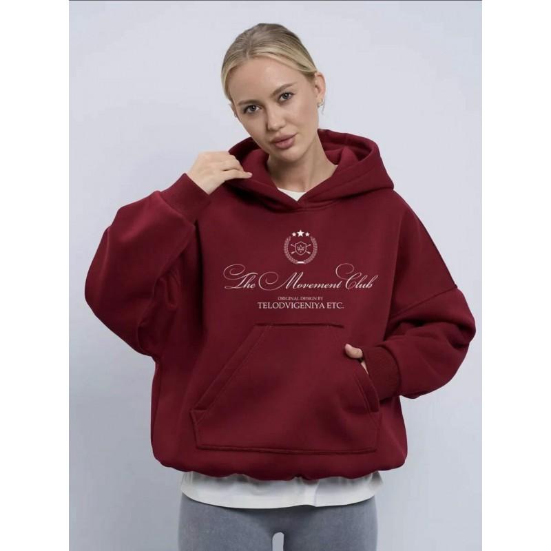Womens Fleece Hooded Sweatshirt Casual Letter Print Loose Fit Fall Winter Couple Top