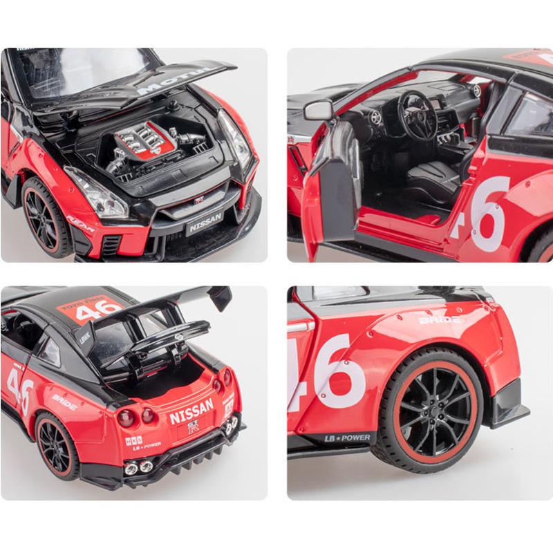 1/24 Scale Nissan GTR Diecast Car Model Toy, Pull Back Toy Vehicle with Sound and Light for Kids Toddler Boys Girls Gift Collection
