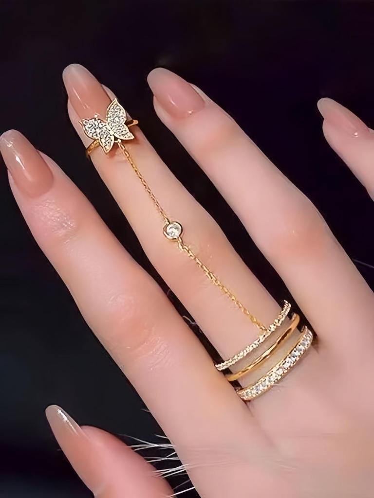 Butterfly Rhinestone Double-Finger Tassel Ring - Women's Unique Chain Design