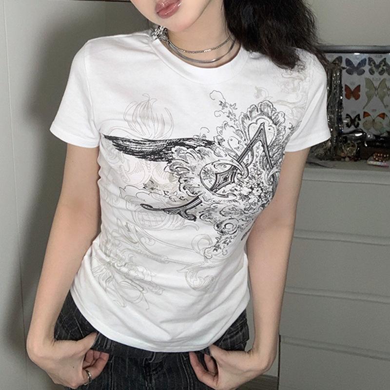

Retro Graphic Crop Top White Short Sleeve O Neck Casual T Shirt for Women Y2k Aesthetic Vintage Basic Tees Ladies Clothes S