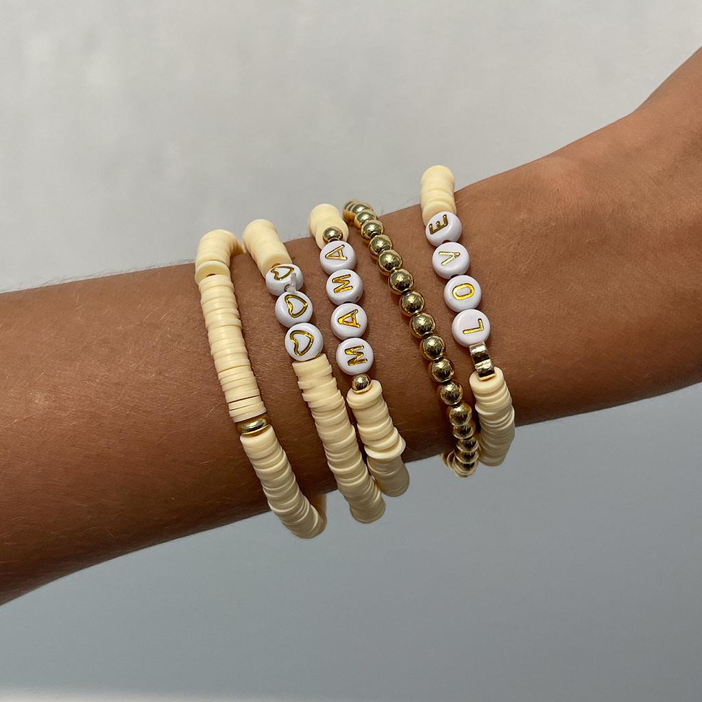 Bohemian Style Wood Bead Stacked Bracelet, Ethnic Style Letter Soft Pottery Round Bead Bracelet Female
