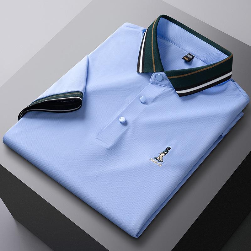 Men's Summer Ice Silk Polo Shirt - Short Sleeve, Solid Color, Embroidered, High Elasticity, Non-Iron, Anti-Wrinkle