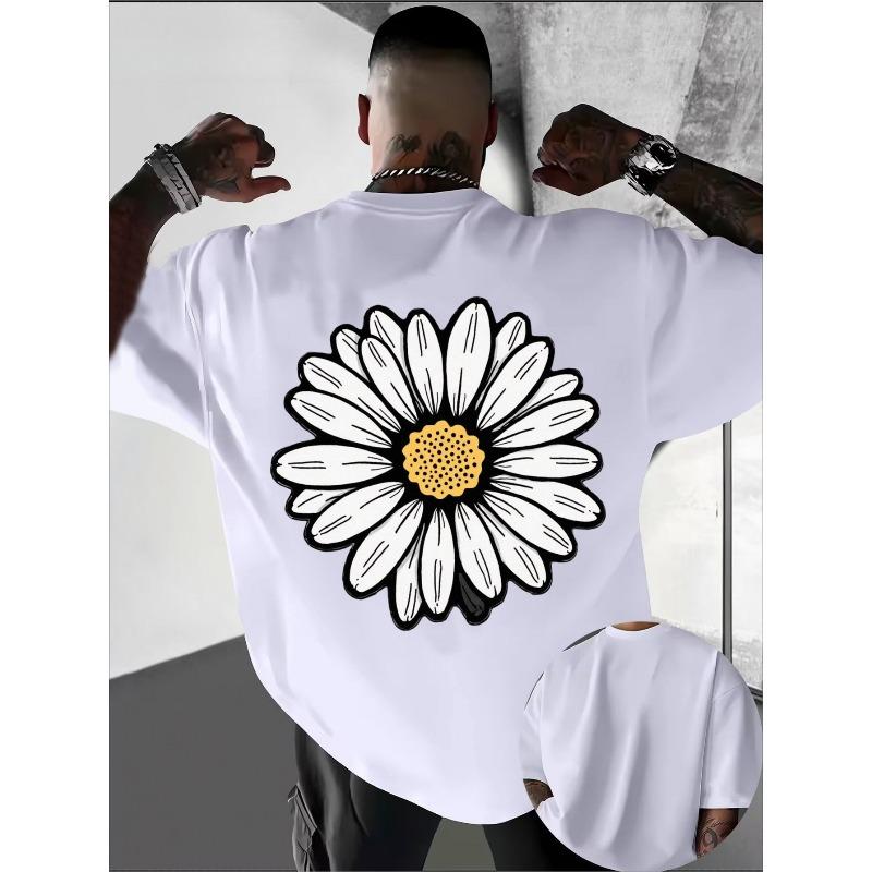 Men's Spring Casual Loose-Fit Street Style Plus-Size Drop-Shoulder Printed T-Shirt, Daisy Print Crew Neck Short Sleeve, Daily Casual Hiking Top