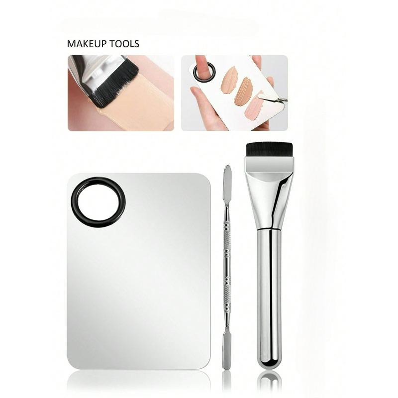 3pcs/set Makeup Mixing Palette, Professional Stainless Steel Makeup Tool Palette, Color Mixing Stick, Foundation Makeup Brush, Makeup Tool
