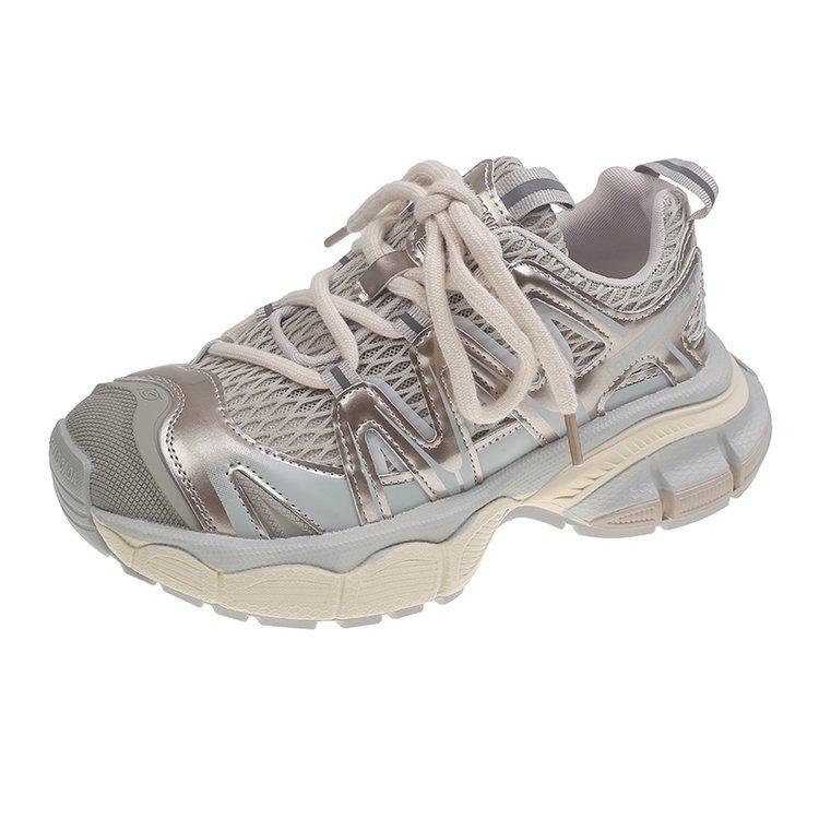 European Station Leather Platform Daddy Shoes Women's 2025 Autumn New Mesh Breathable Versatile Casual Sports Running Shoes