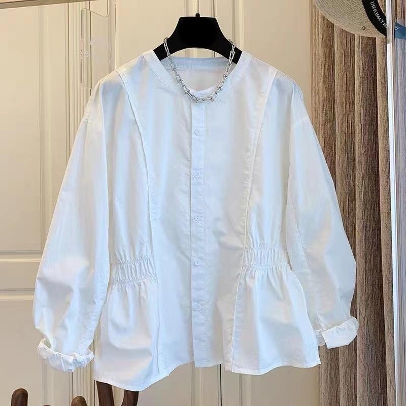 Design Sense Niche French Retro Literary Elastic Waist Hemming Placket Symmetrical Pleated Cotton Shirt 1116 Autumn