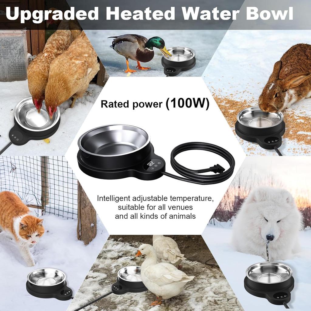 Heated Water Bowl for Outdoor Dogs Cats, 100W Heated Dog Bowls, Adjustable Temperature Heated Pets Water Dish with Removable Stainless Steel Bow for