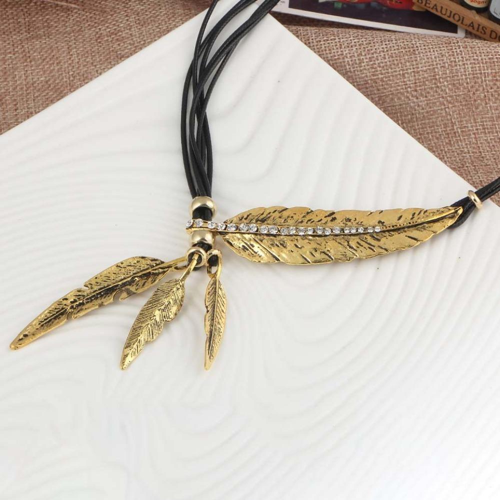 Rhinestone Leather Rope Tassel Necklace Zinc Zinc Alloy Leaves Neck Pendant Golden Feather Necklace  Couple