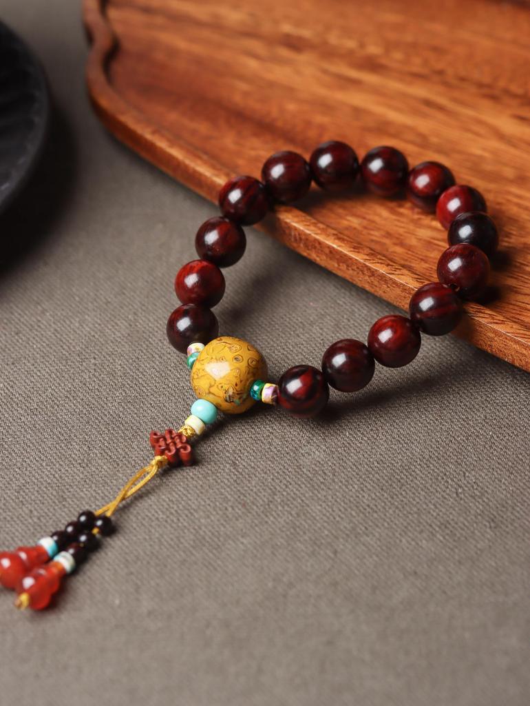 Women's Small-Leaf Rosewood Bracelet with Mother-of-Pearl Bead, Wenwan Buddhist Calming Ornament, Unisex.