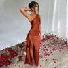 Split Satin Dress2025 Fashion Summer Elegant Sexy Silm Diagonal Shoulder Split Satin Dress
