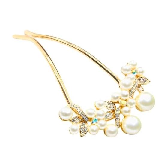 Miaomyao U-Shaped Hairpin for Women, Japanese Style Hair Stick with Pearls and Stones, Pink Gold Flower Hair Accessories for Kimono, Yukata, Formal