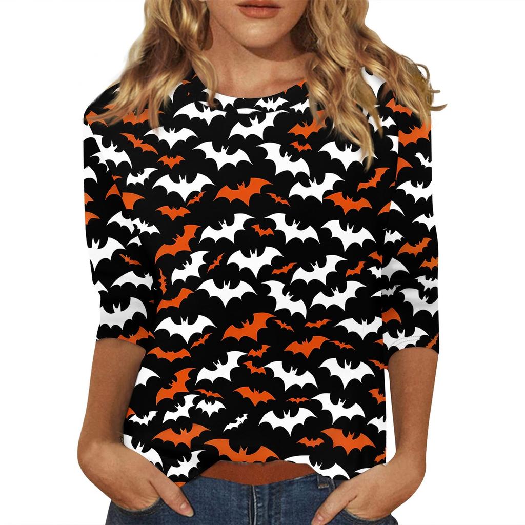 Women's Fashionable Casual Three Quarter Sleeve Halloween Printed Collar Pullover Top