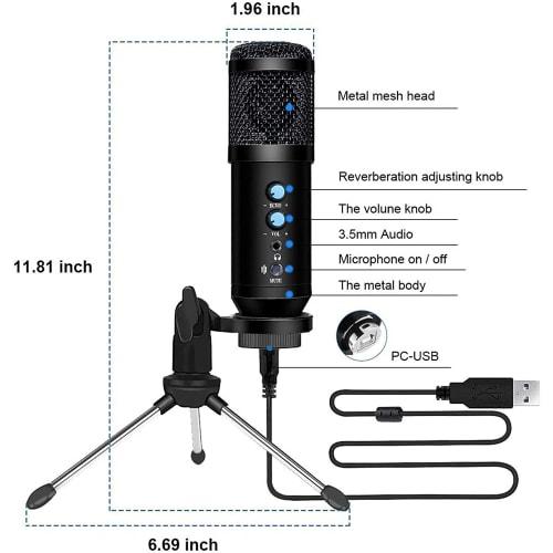 DEARING Condenser Microphone, Tabletop, Tripod, One-Click Mute, Noise Reduction, Volume Control, Earphone Monitor Function, Unidirectional, PC Microph