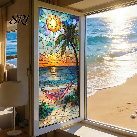 Indoor Outdoor Window Cling Privacy Film Stained Glass Flamingo Tropical Static Clings Heat Control Door Temporary Sticker Covering with Palm