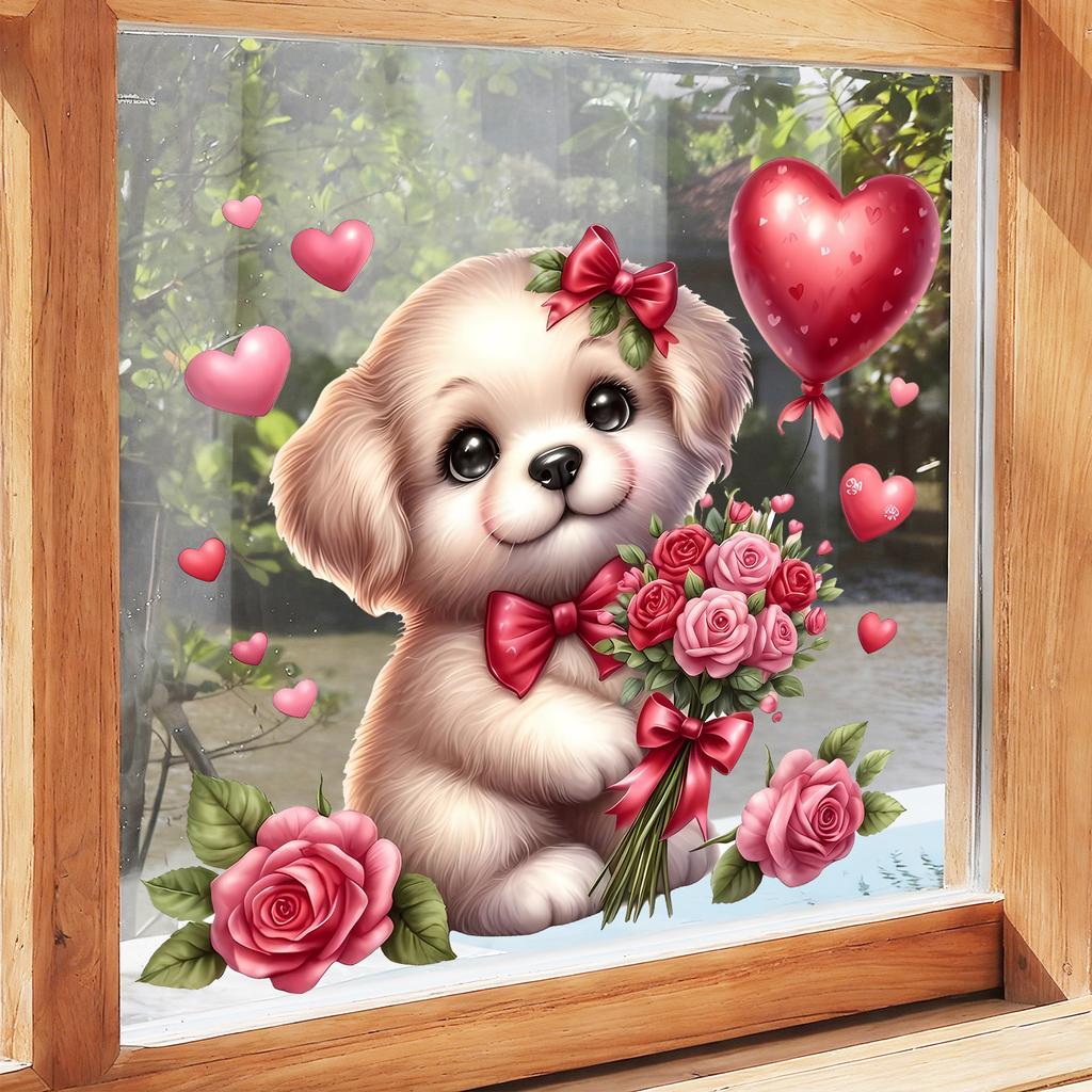 Dog Holding Flowers and Hearts Static Cling Window Stickers No Glue Needed for Bedroom Living Room Balcony Removable Reusable