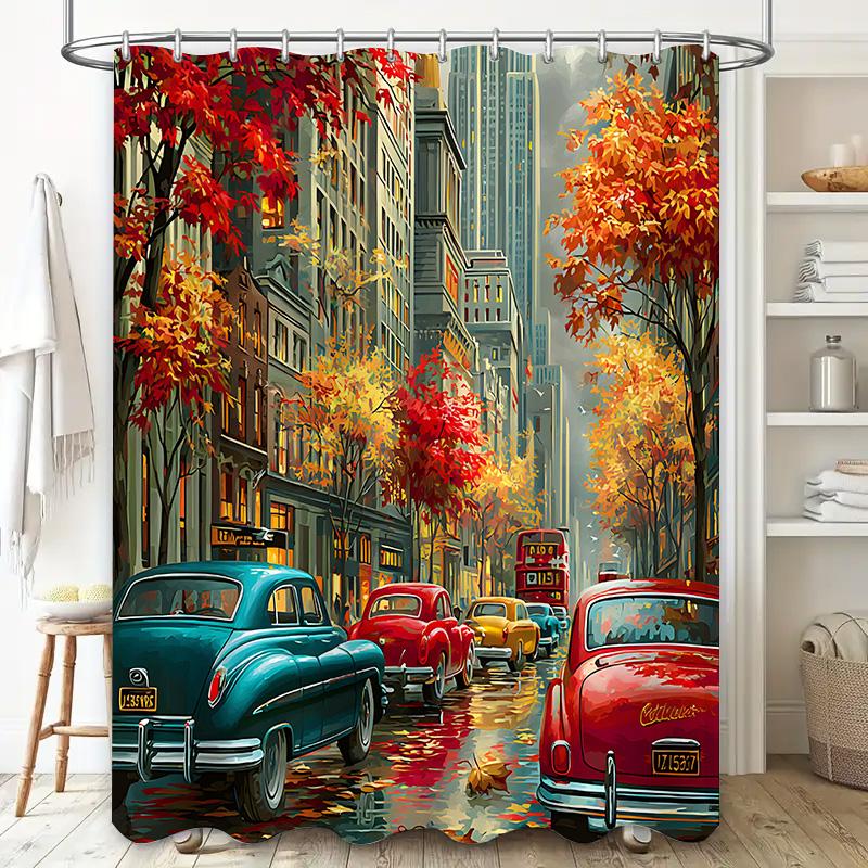 Autumn Cityscape Shower Curtain Vintage Cars Rain Trees Waterproof Fabric For Modern Bathroom Decor Easy To Clean And Maintain