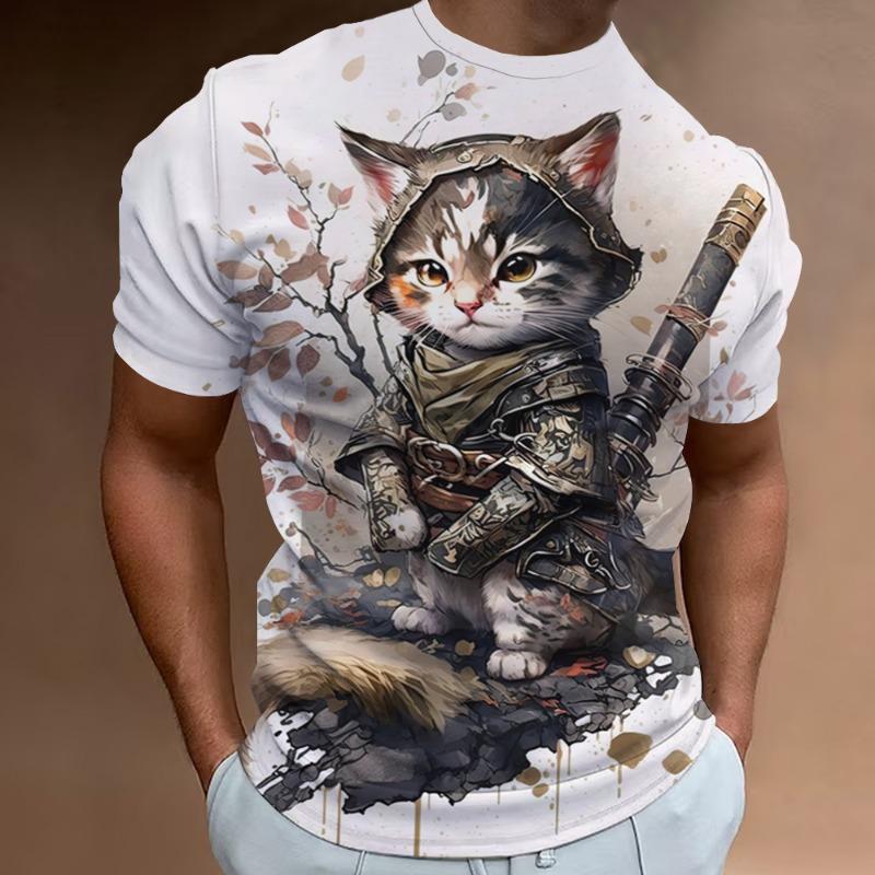 New Retro Men's T-Shirt 3d Samurai Cat Print Short Sleeve T-Shirt For Men Fashion Oversized Man Clothes