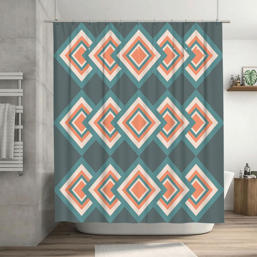 Green and Peach Diamond Pattern Shower Curtain Waterproof Fabric for Bathroom Decor – Modern Geometric Design with 12 Hooks Set