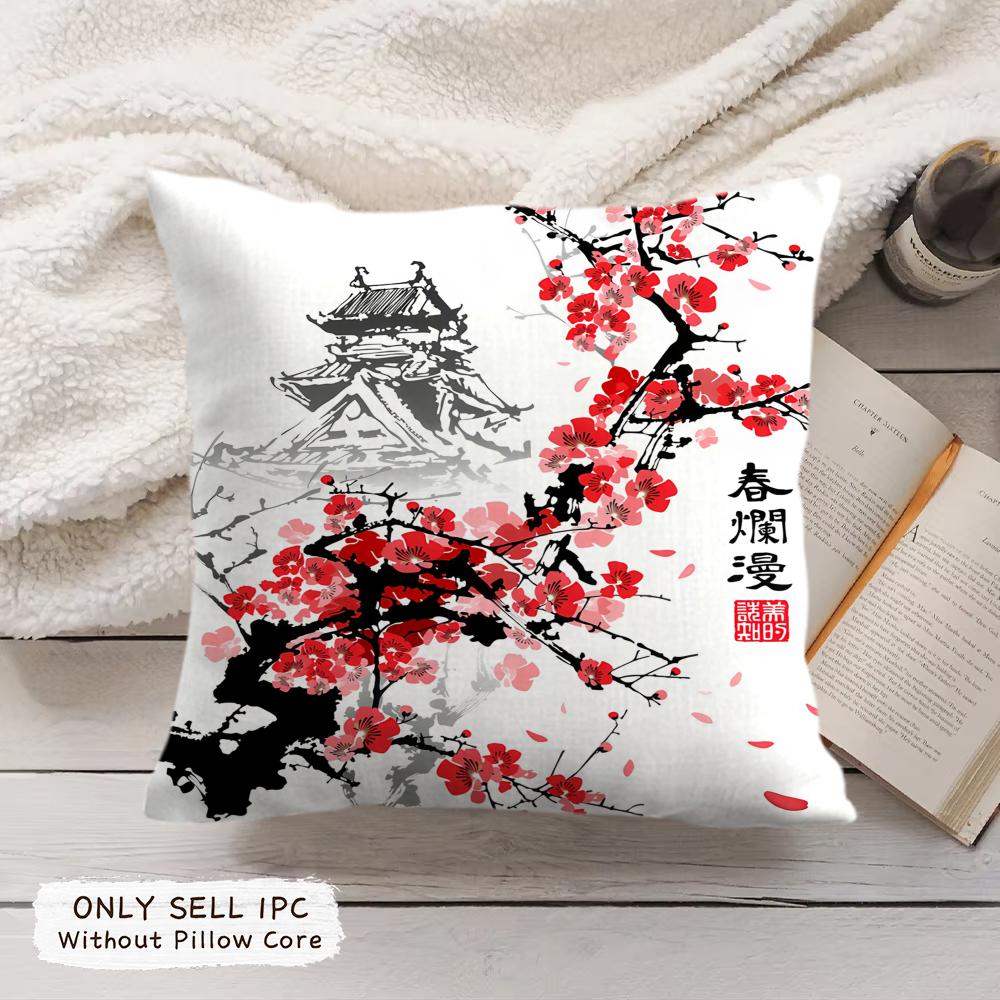 Japanese Pagoda Landscape Cushion Cover Soft Short Plush Pillow Cover Smooth Cozy Texture Aesthetic Cushion Case Home Decor