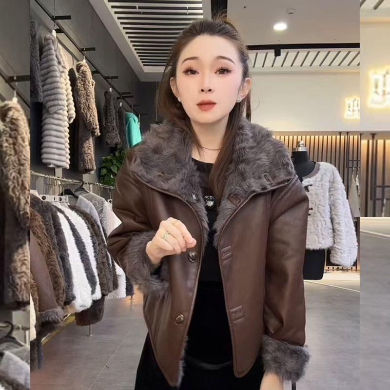 Winter new leather jacket fur jacket women wear lapel fur integrated leather jacket imitation mink velvet jacket
