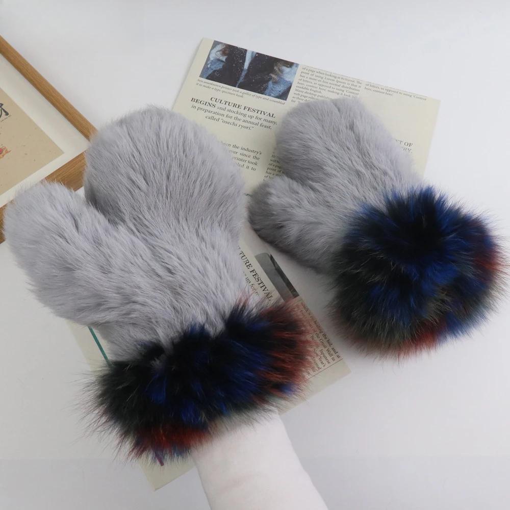 Winter women thick style real rabbit fur gloves with fox fur Outdoor keep warm real rabbit fur mittens Girls fashion glove